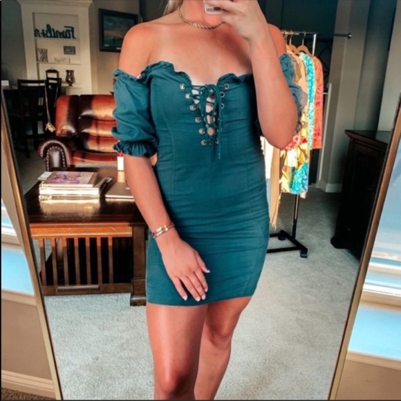 Lulus Dark Forest Green Off Shoulder Lace-up Dress - Picture 3 of 14